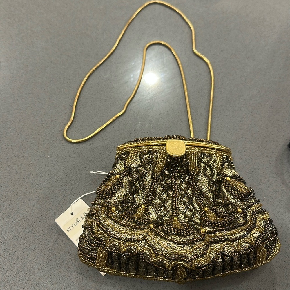 Gold and Brown Vintage-Inspired Clutch with Chain Strap